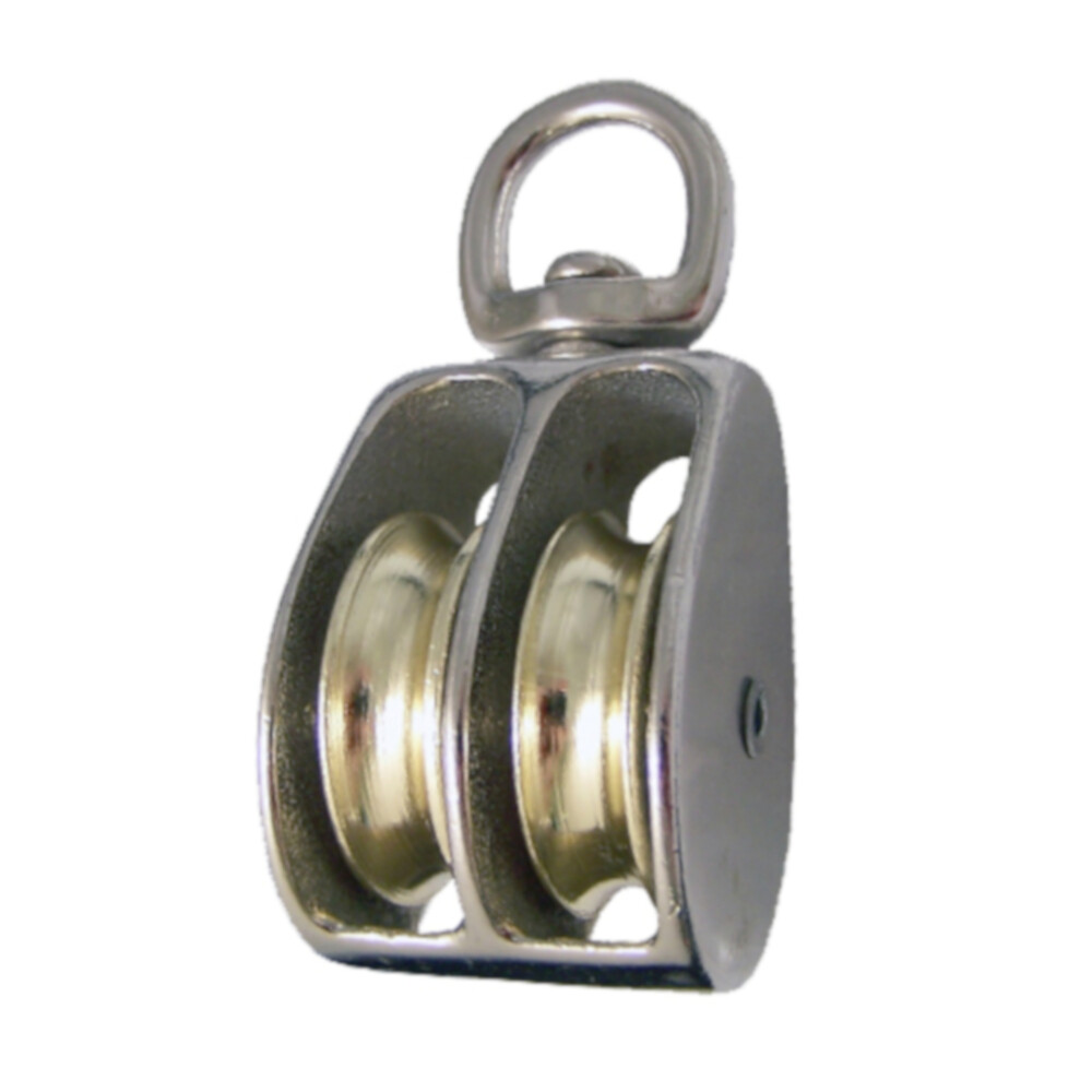 Swivel Eye Double Wheel Pulley Steel w Nickel Plating - Sheave 1.5, 1, 3/4 Inch