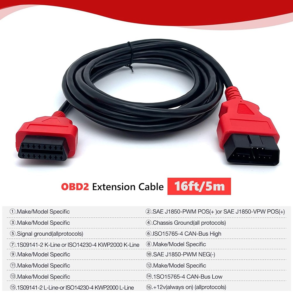 16ft/5m Ultra-Long OBD2 Extension Cable 16-Pin OBD-II Male to Female Diagnostic