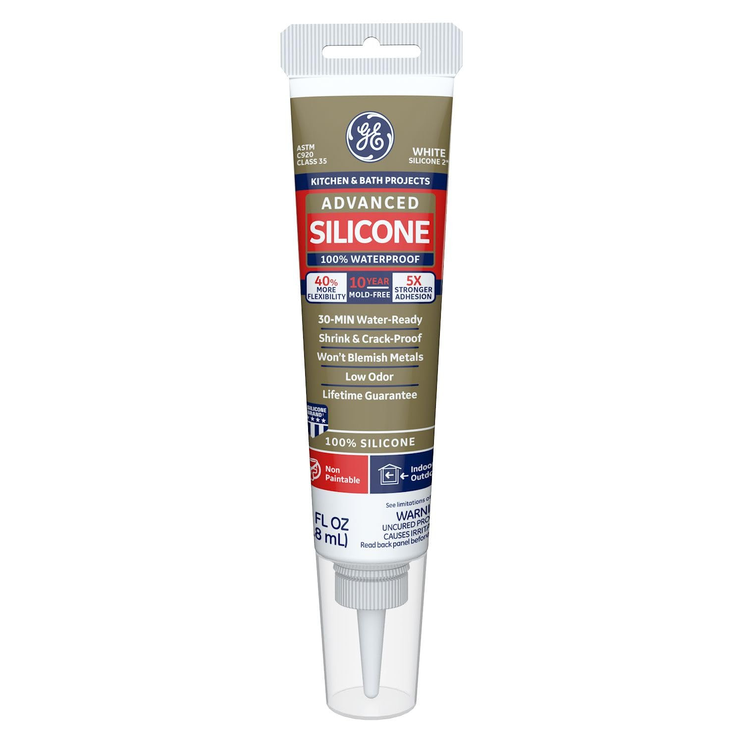 GE Advanced Silicone Caulk 2.8oz White 100% Waterproof Mold Resistant