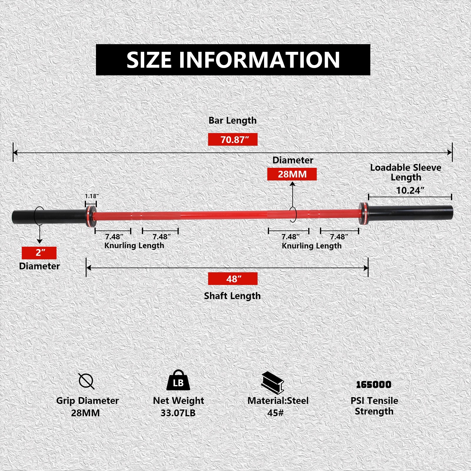 RICHUANG Olympic Barbell 6FT 28mm 500LBS Weightlifting Bar for Home Gym Red/Blue