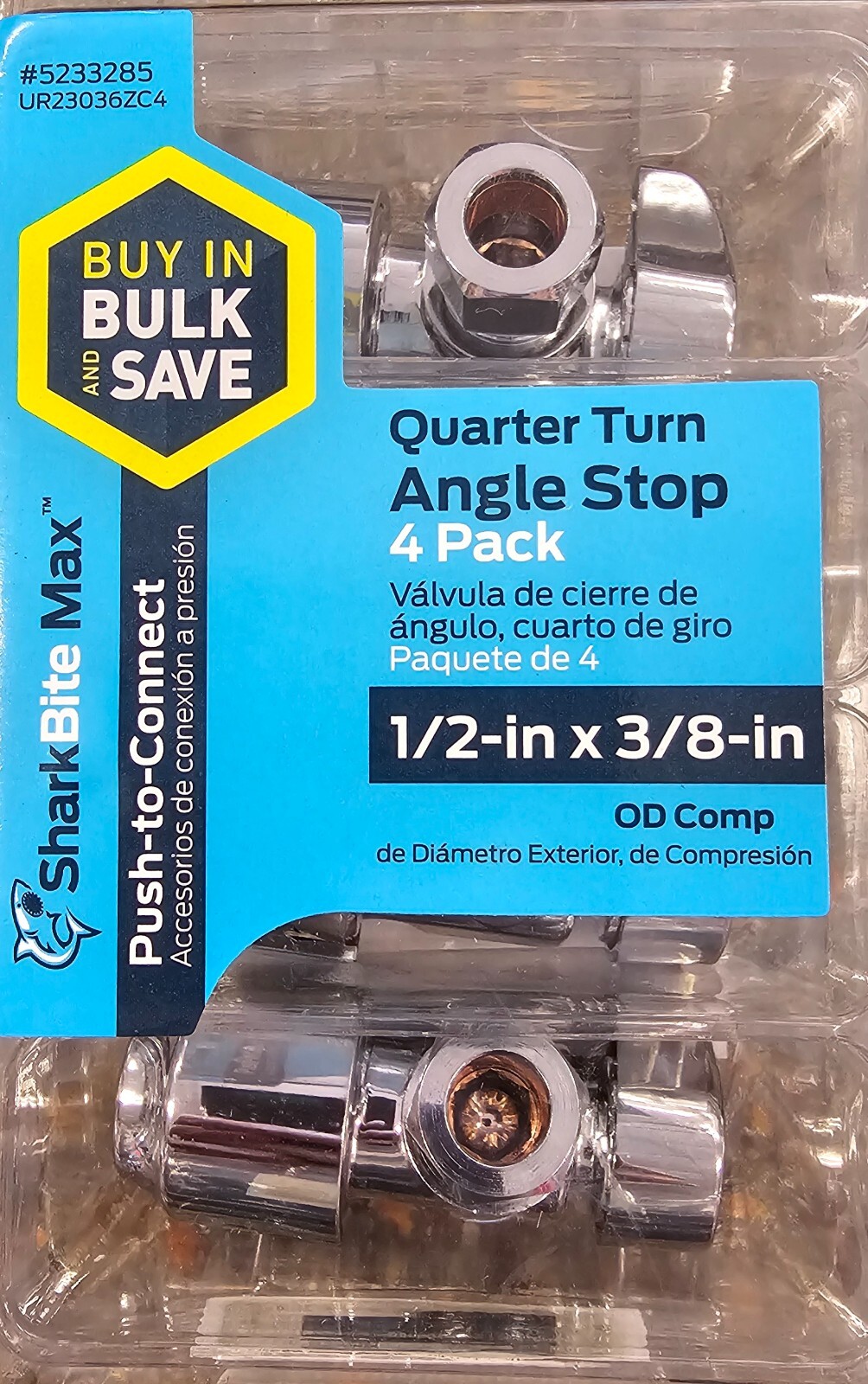 SharkBite UR23036ZC4 Push-to-Connect Angle Stop Valve 1/2 x 3/8 OD Comp