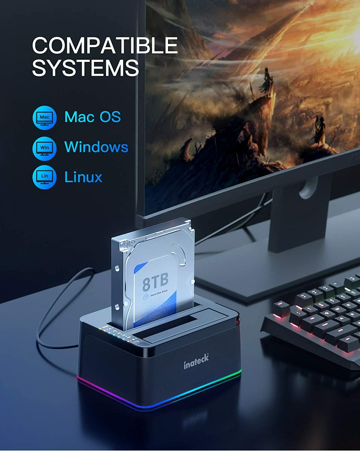 SATA to USB 3.0 HDD Docking Station Offline Cloning 2.5" 3.5" HDD SSD UASP RGB