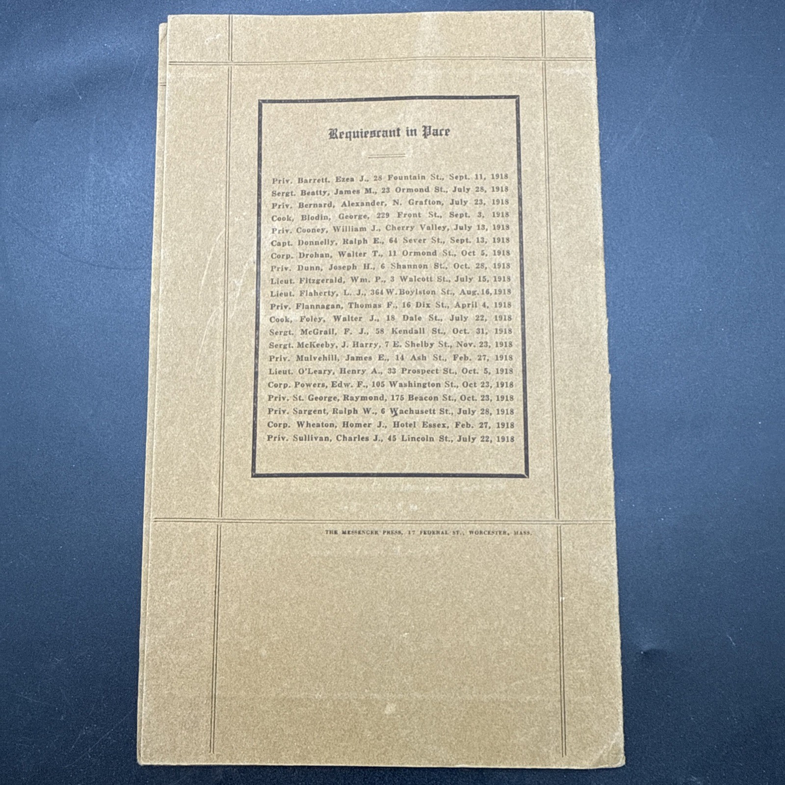 WWI 1919 Welcome Home Dinner Tribute Co. G 101st Infantry 26th Division menu YD