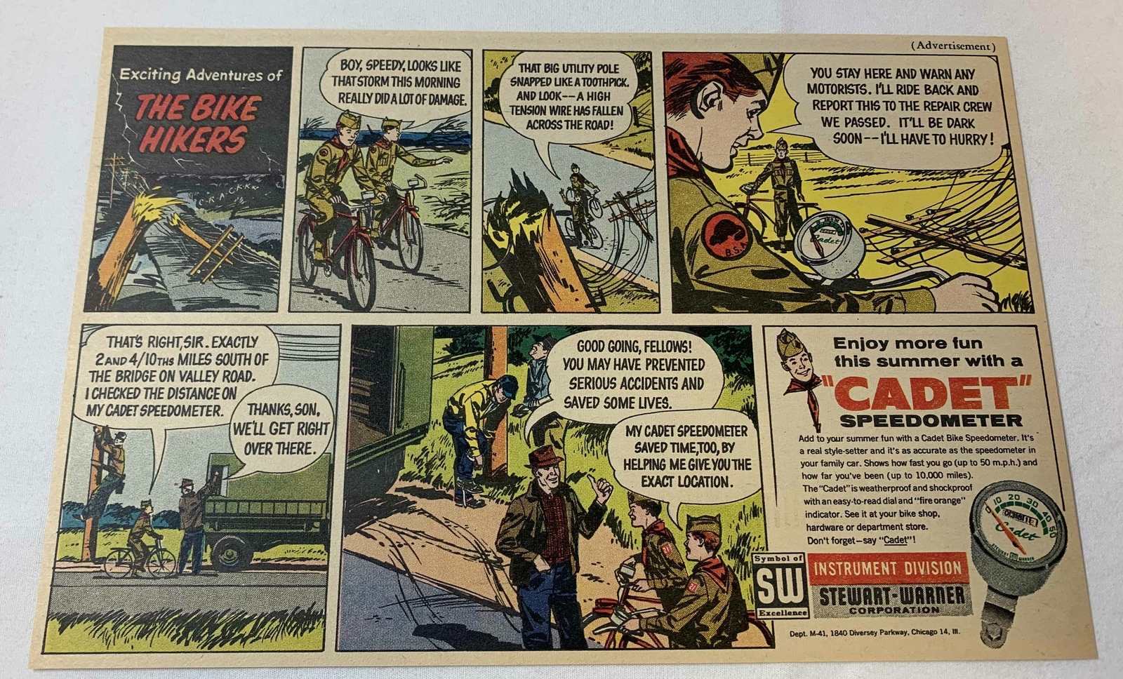 1961 Cadet Bike Speedometer cartoon ad ~ UTILITY POLE SNAPPED LIKE A TOOTHPICK