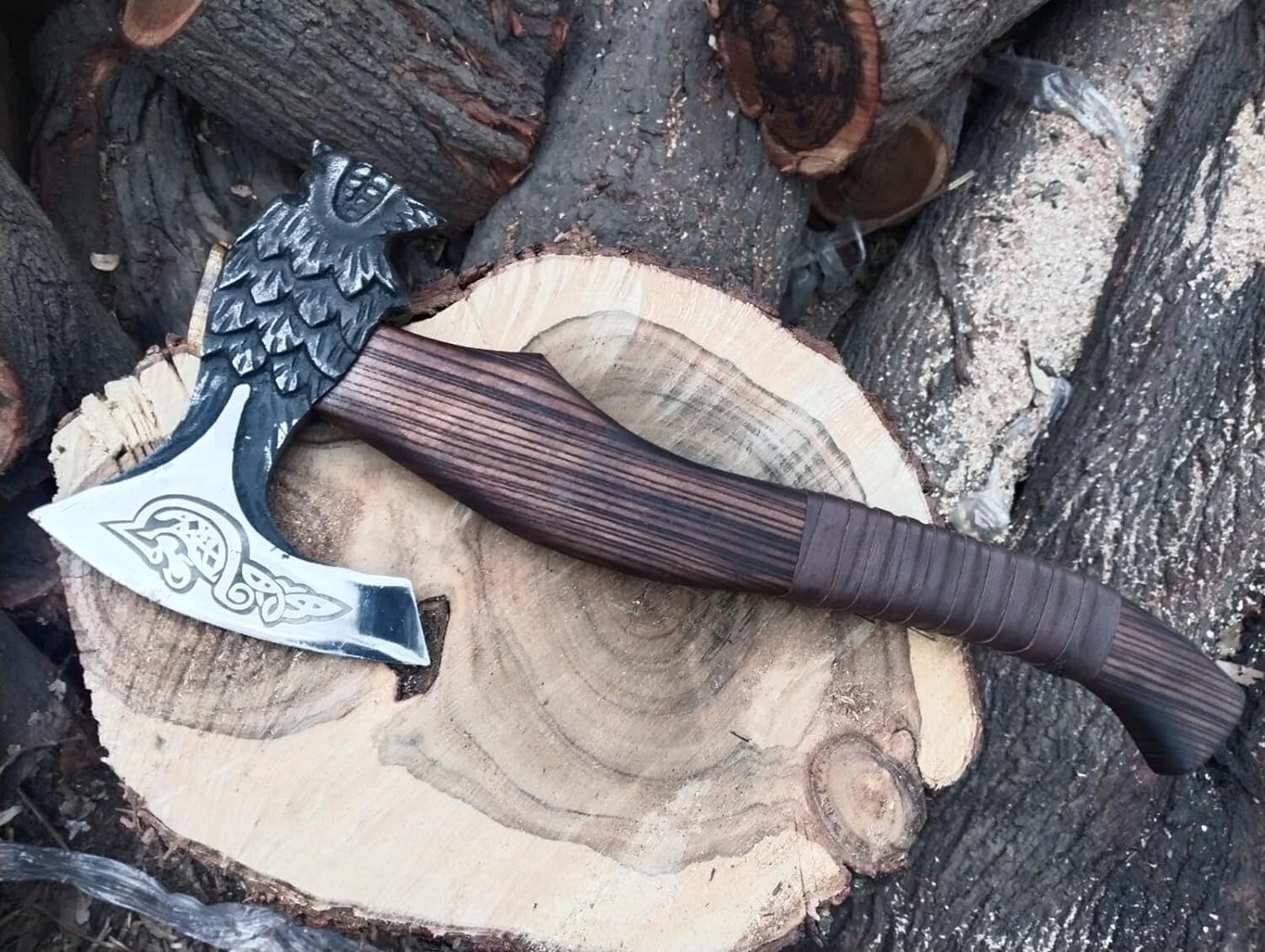 Custom Handmade Wolf Head Carbon Steel 19'' Viking Axe Working Bearded Hatchet