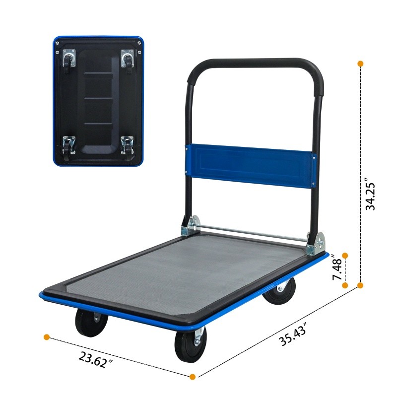 660lbs Flatbed Cart, Blue Foldable Cart Dolly 35.4"X23.6" Platform Hand Truck