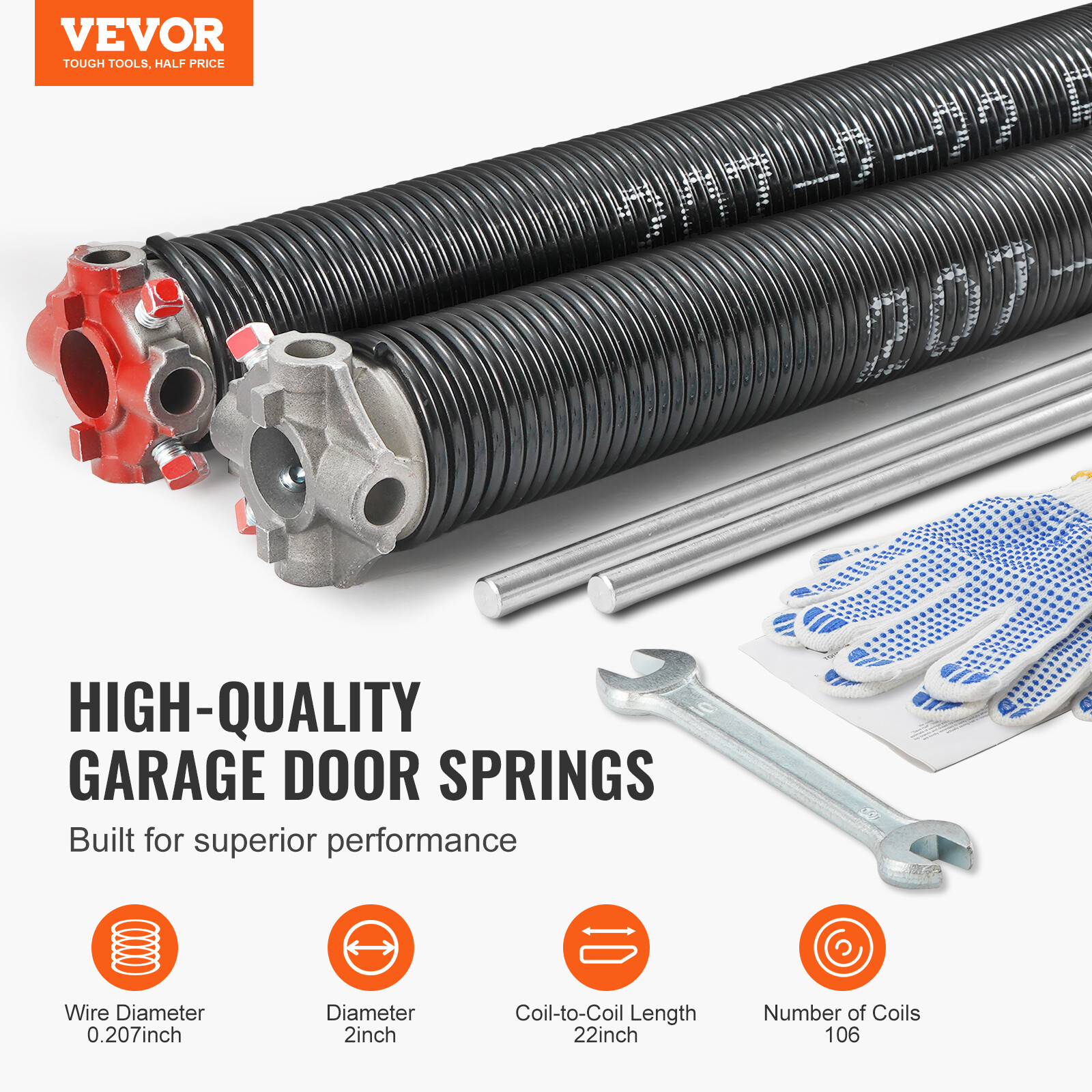 VEVOR Garage Door Torsion Springs Pair of 0.207 x 2 x 22inch with Winding Bars