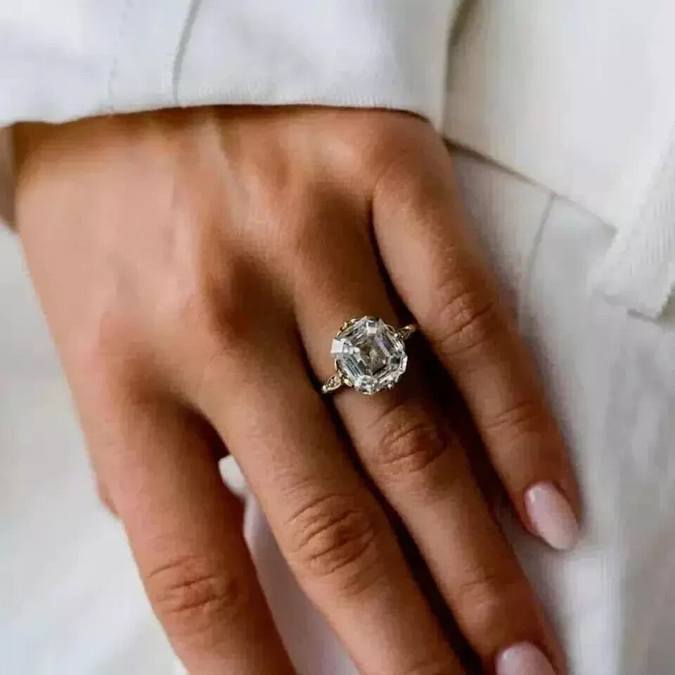 Art Deco Style 3.5Ct Asscher Cut Lab Created Diamond Engagement 14K Gold FN Ring