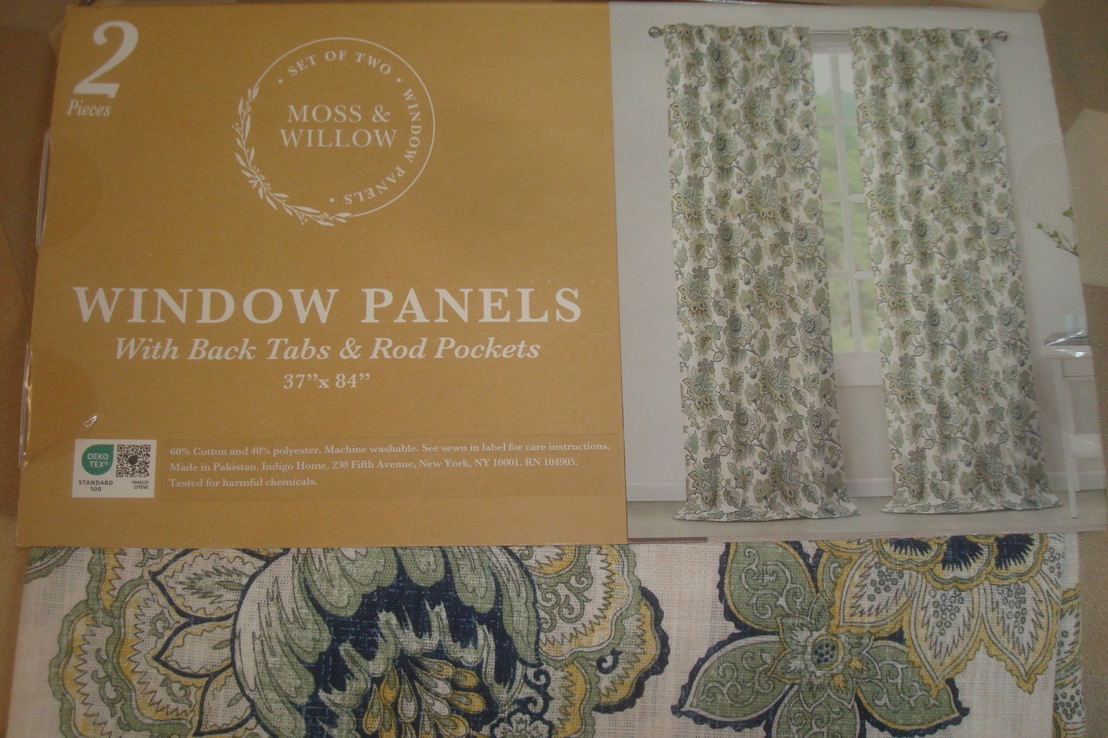 NWT Moss & Willow 2 pc Curtain Panels Floral Cotton blend Blue Green 84" lg