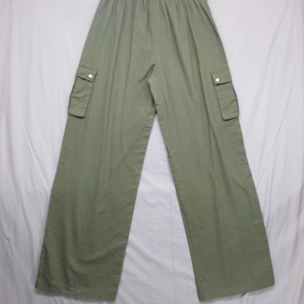 100% Cotton Cargo Pocket Baggy Loose Fit Wide Leg Pants Green Women Size | 6
