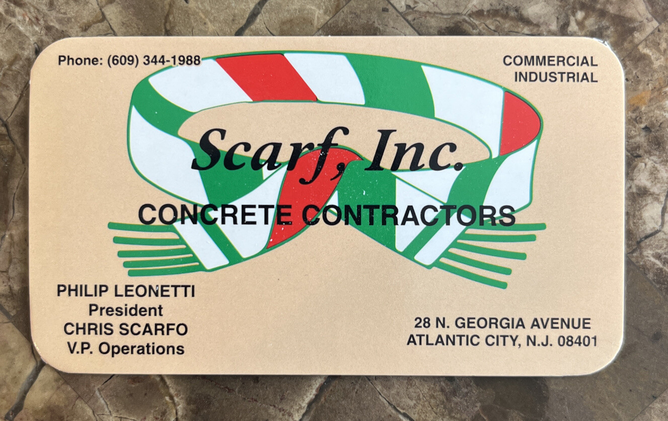 Scarf Inc Concrete Business Card - Mafia Boss Nicky Scarfo Philadelphia AC Mob