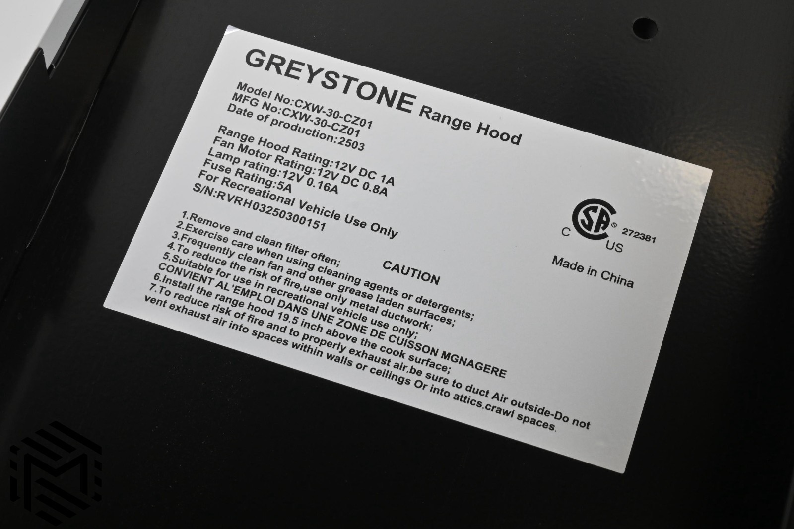 Scratched - Greystone CXW-30-CZ01 Range Hood – Black - RV Vent Hood - 12V 1A DC