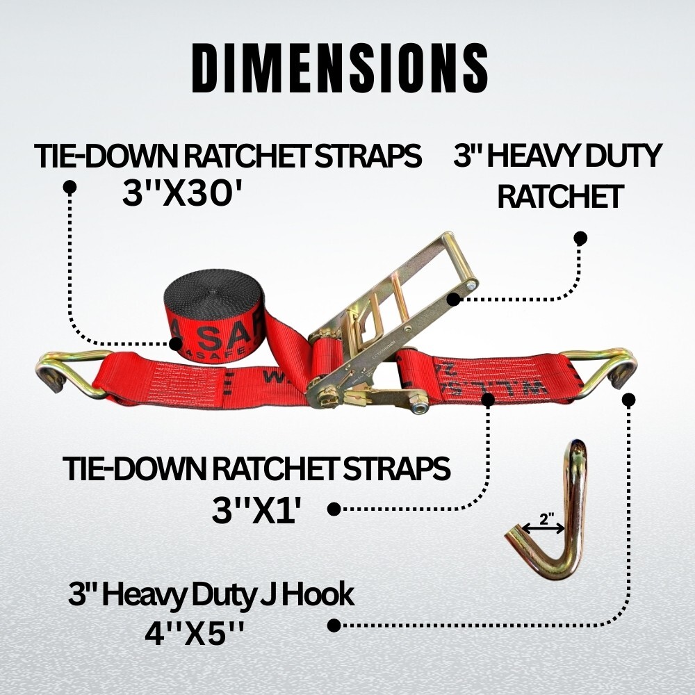 4PK 3" x 30' Cargo Ratchet Straps with Double-J Wire Hooks for Flatbed Trailers