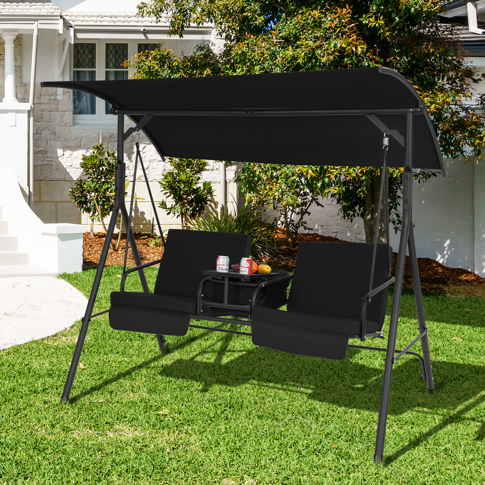 2-Person Porch Swing Chair with Adjustable Canopy & Removable Cushions Black