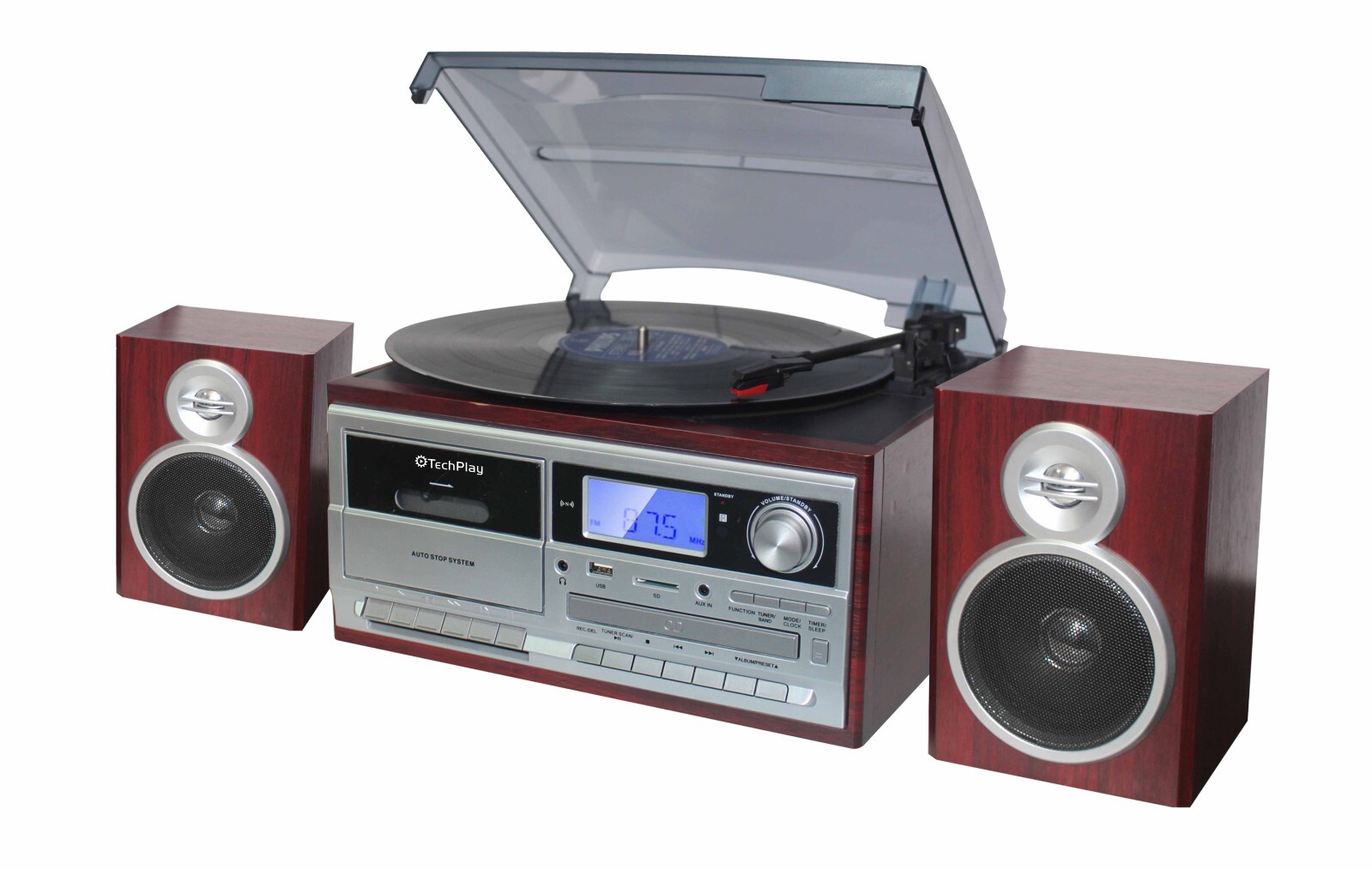 TECHPLAY ODC128BT WOOD BLUETOOTH SHELF STEREO SYSTEM & RECORD PLAYER CD CASSETTE