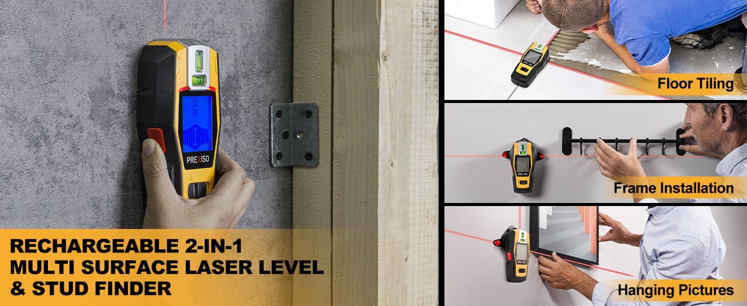 PREXISO 2-in-1 Stud Finder with Laser Level, Rechargeable Cross Line Laser