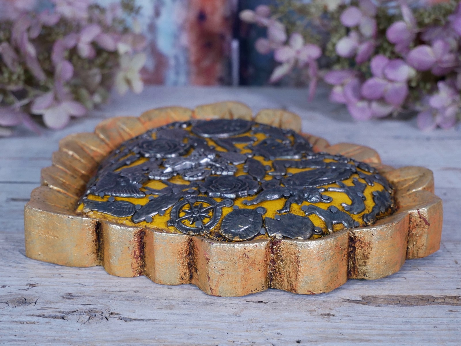 Heart With Gold Baby Feathers Milagros Wood Handmade Mexican Folk Art Love Token