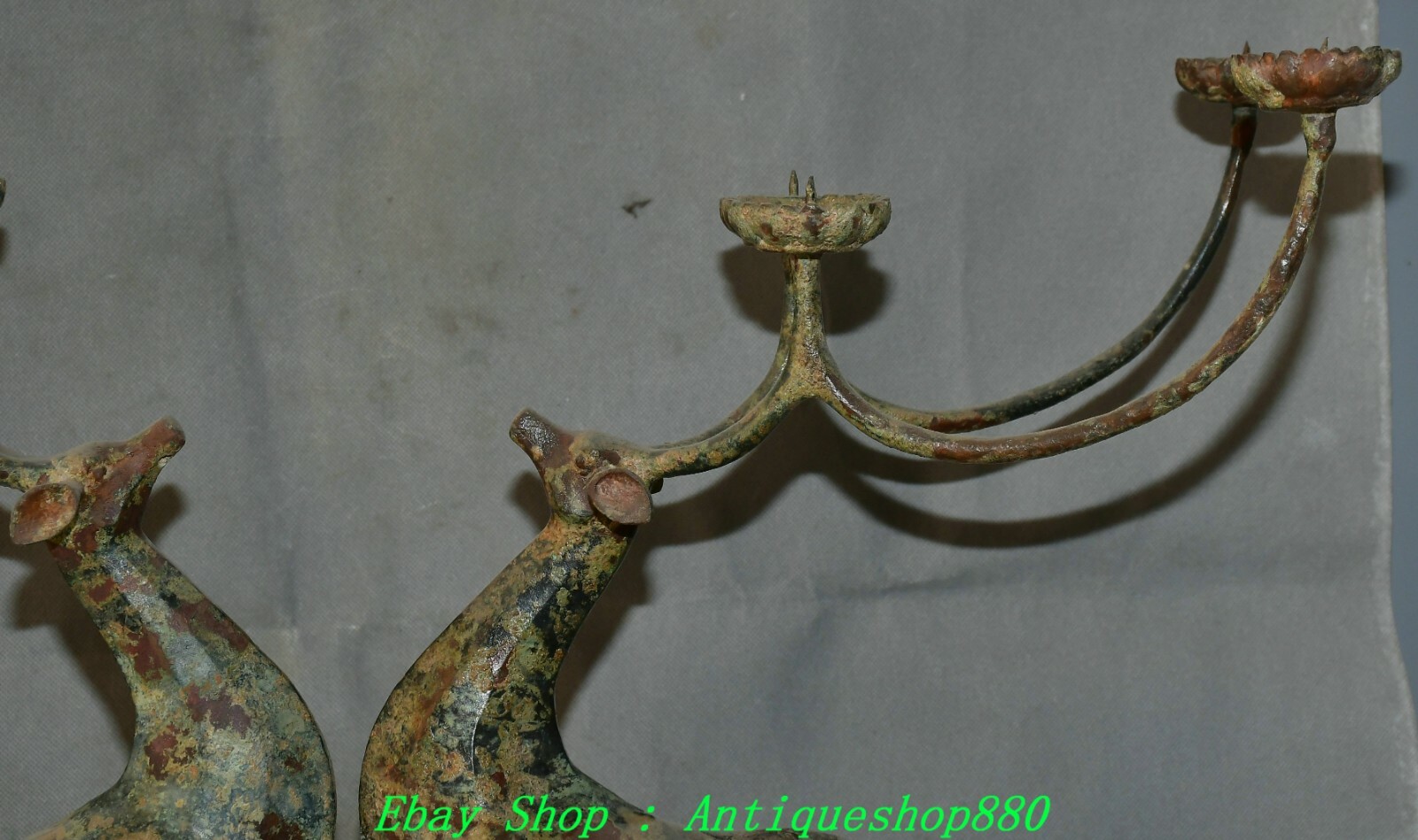 20.8'' Old China Dynasty Bronze Ware Deer Candle Holder Candlestick Statue Pair