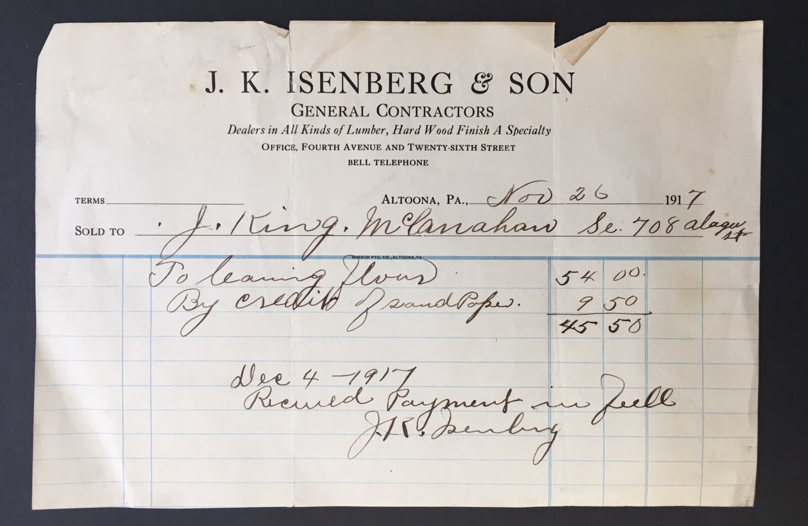 J.K. Isenberg & Son General Contractors Billhead 1917 Altoona Pennsylvania