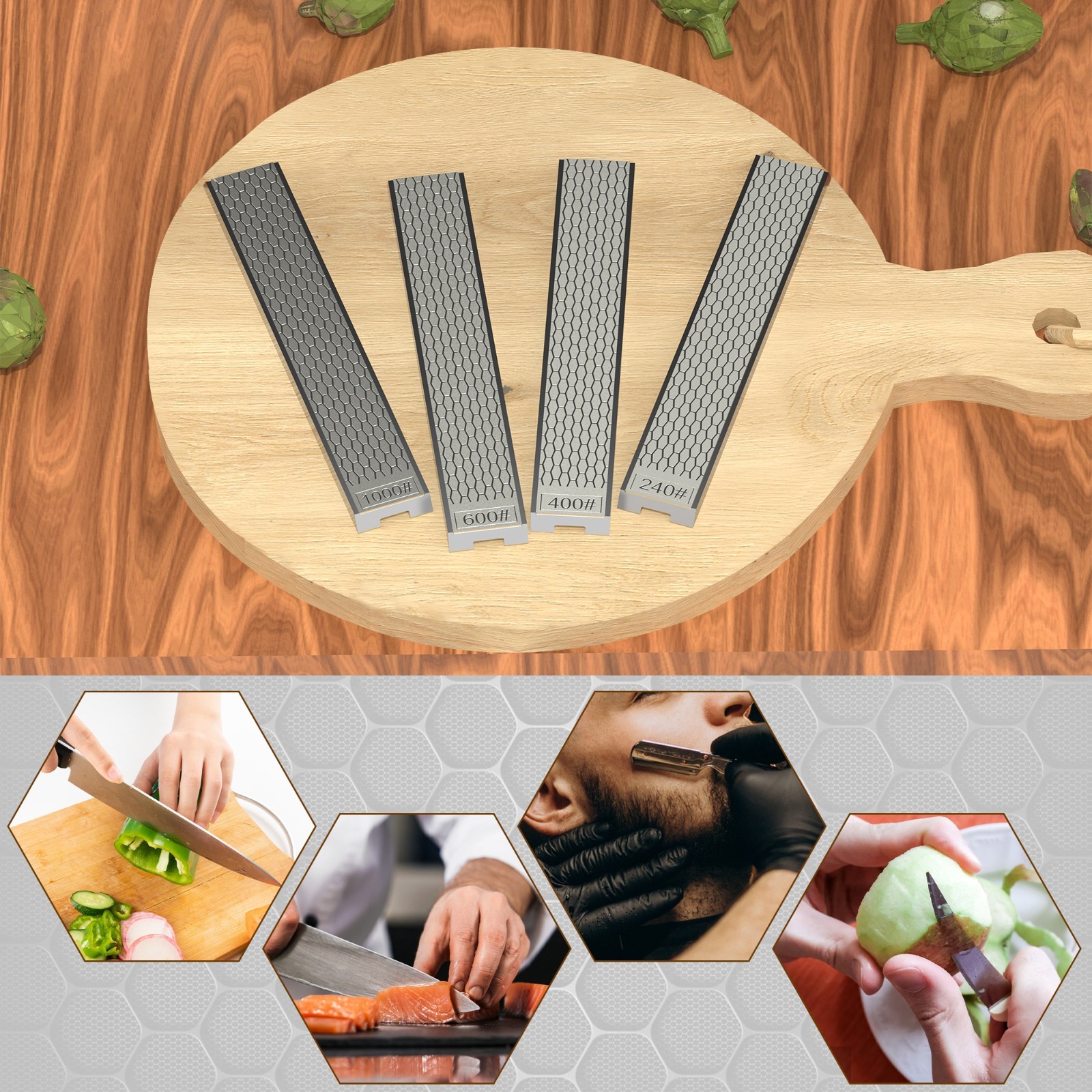 4 PCS Diamond Knife Sharpening Stones Set with Aluminum Base 6.2×0.9"