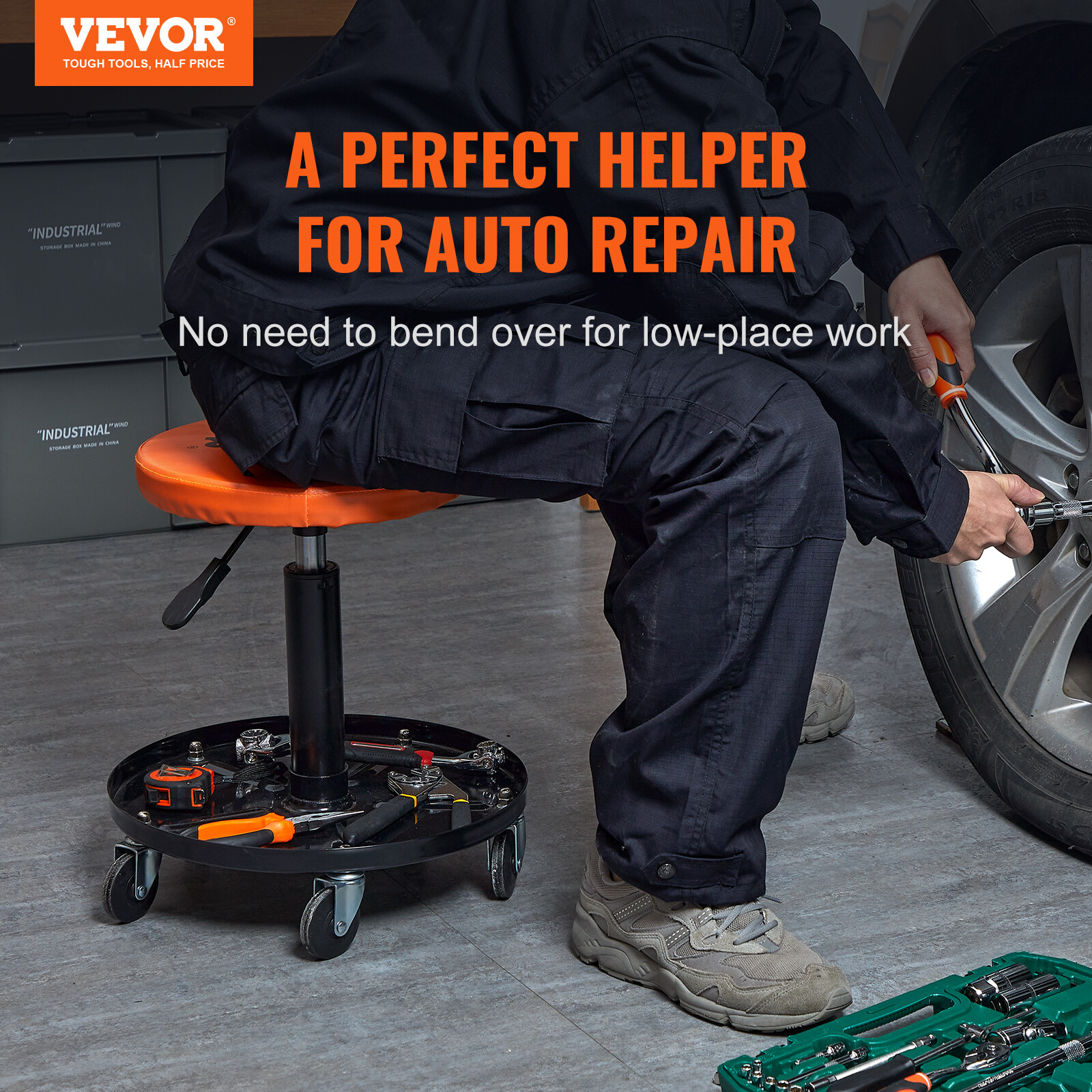 VEVOR Adjustable Mechanics Rolling Creeper Shop Stool Tool Tray for Shop Garage