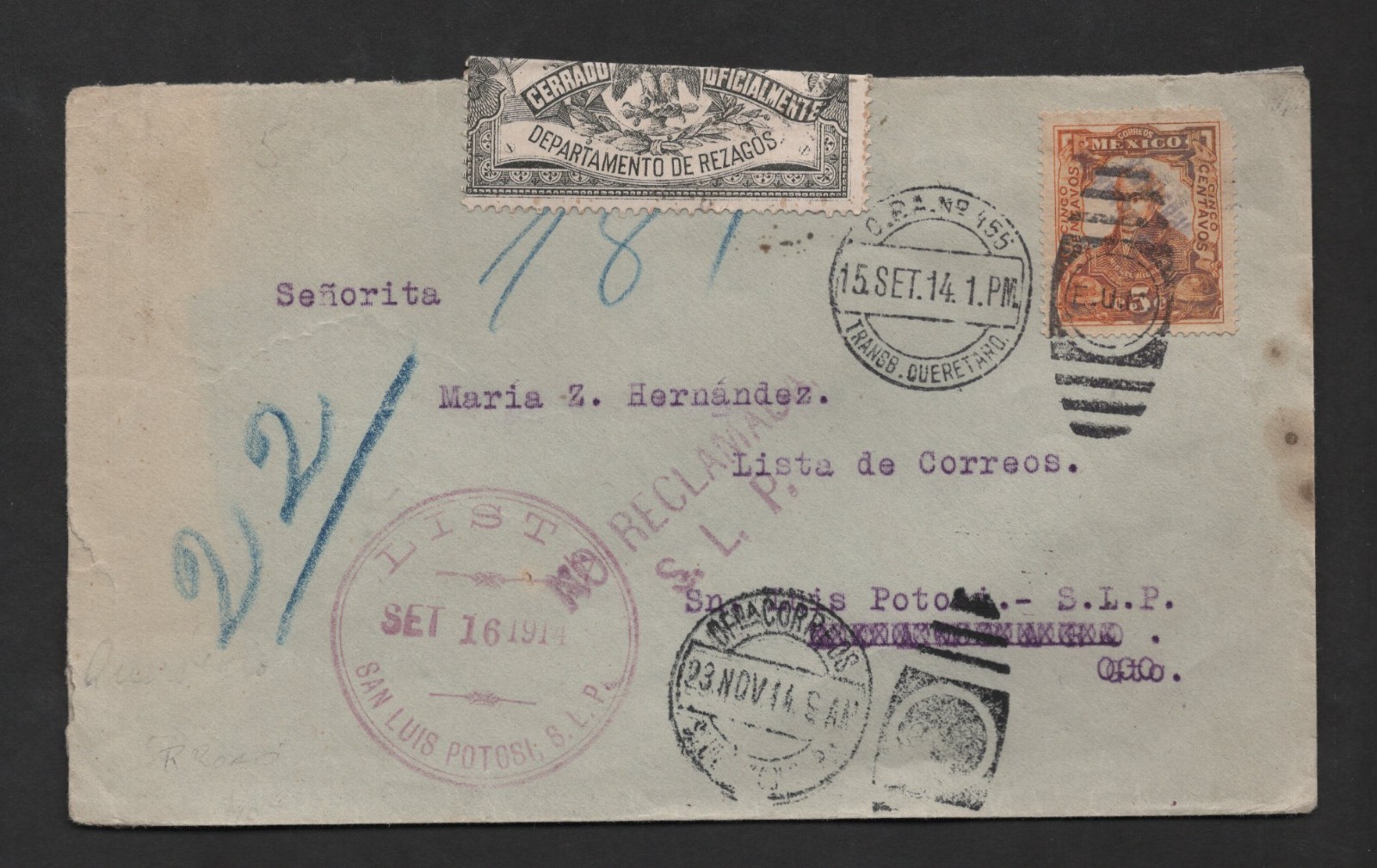 MEXICO 1914 OPA NO 455 TPO RAILROAD COVER WITH OFFICIAL SEAL TO S LOUIS POTOSI