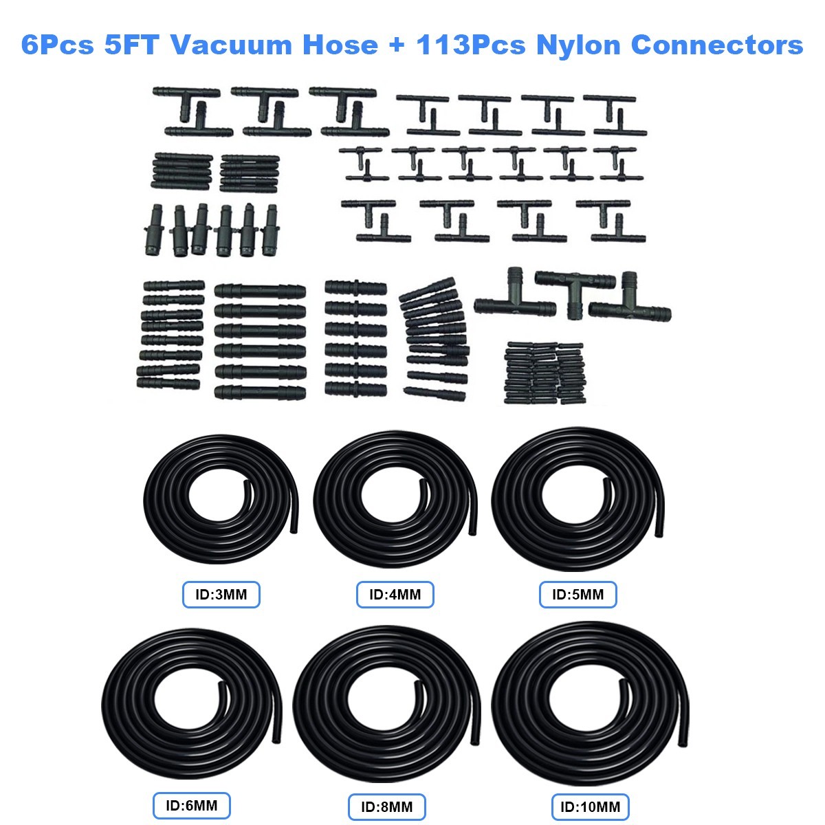 6Pcs 5Ft Car Vacuum Hose Line Pipe Kit +113 Connectors Automotive Replacement