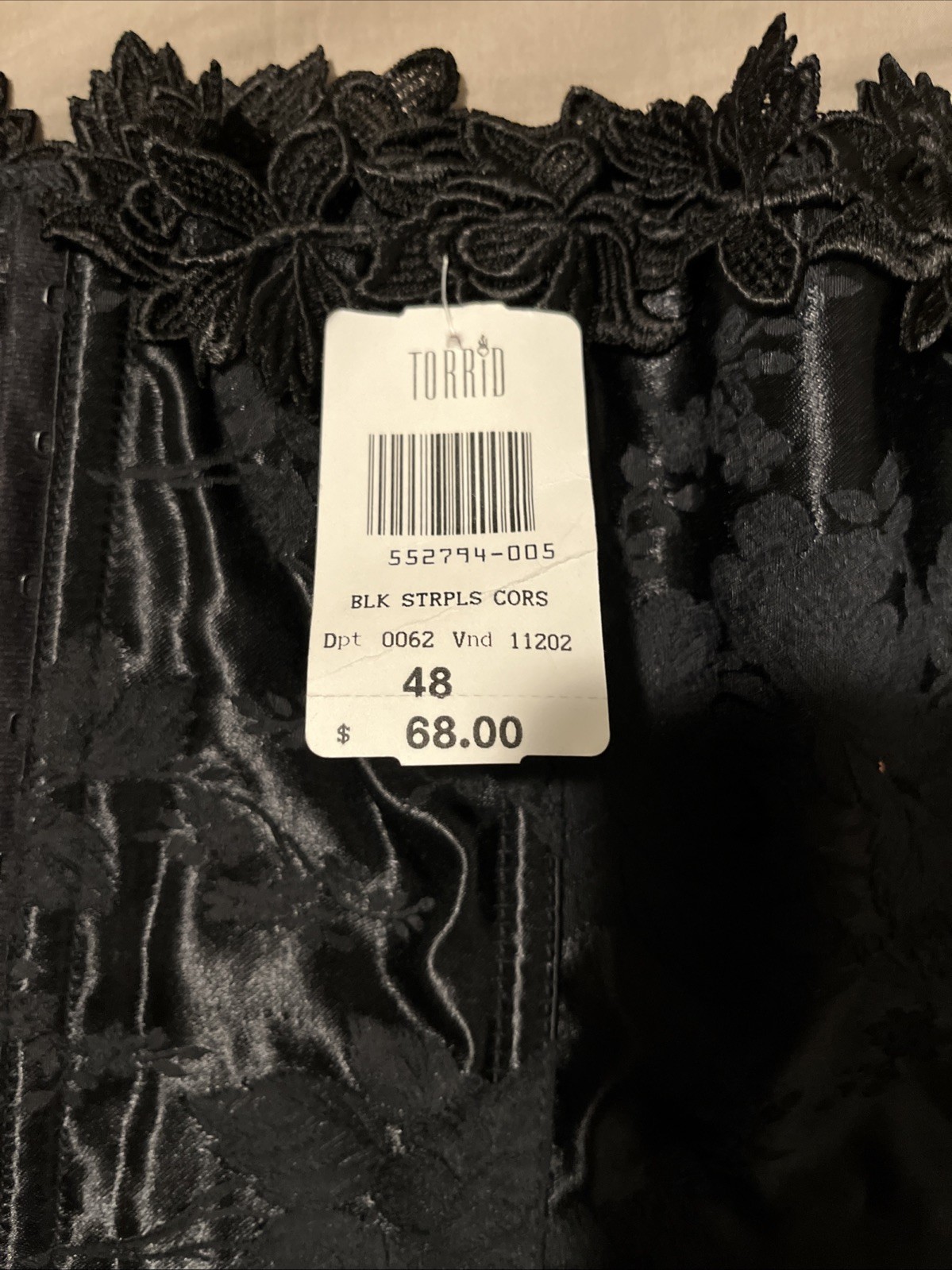 VNG NWT Torrid Strapless Lace Corset Size 48/3XL Black Brocade Ren Faire Witchy