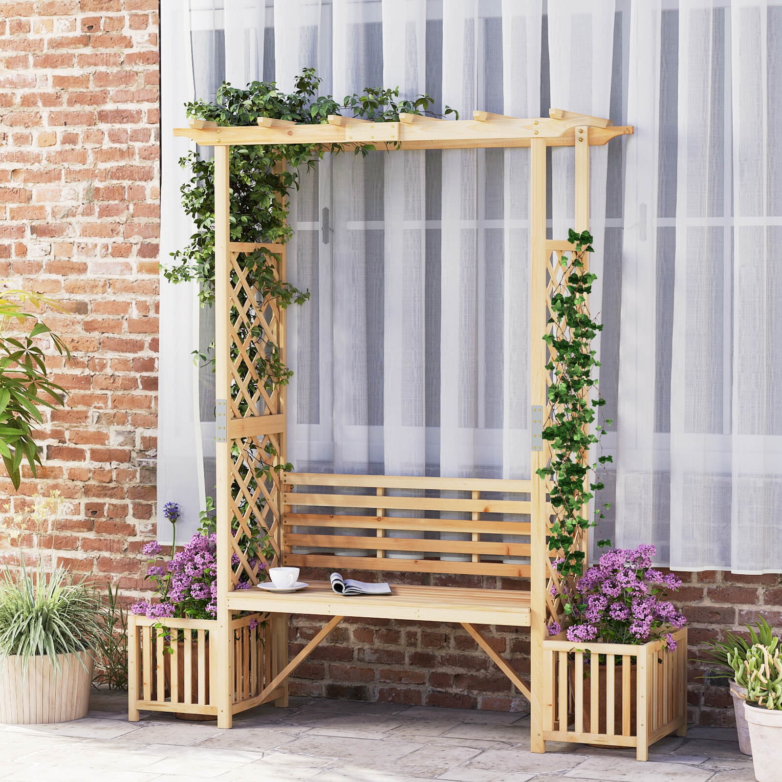 Patio Garden Bench Arbor Arch w/Pergola Planting Box Side Trellis for Vines
