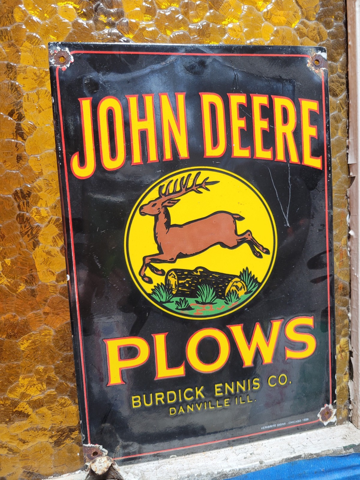VINTAGE JOHN DEERE PORCELAIN SIGN OLD FARMING PLOW TRACTOR DEALER SALES SERVICE