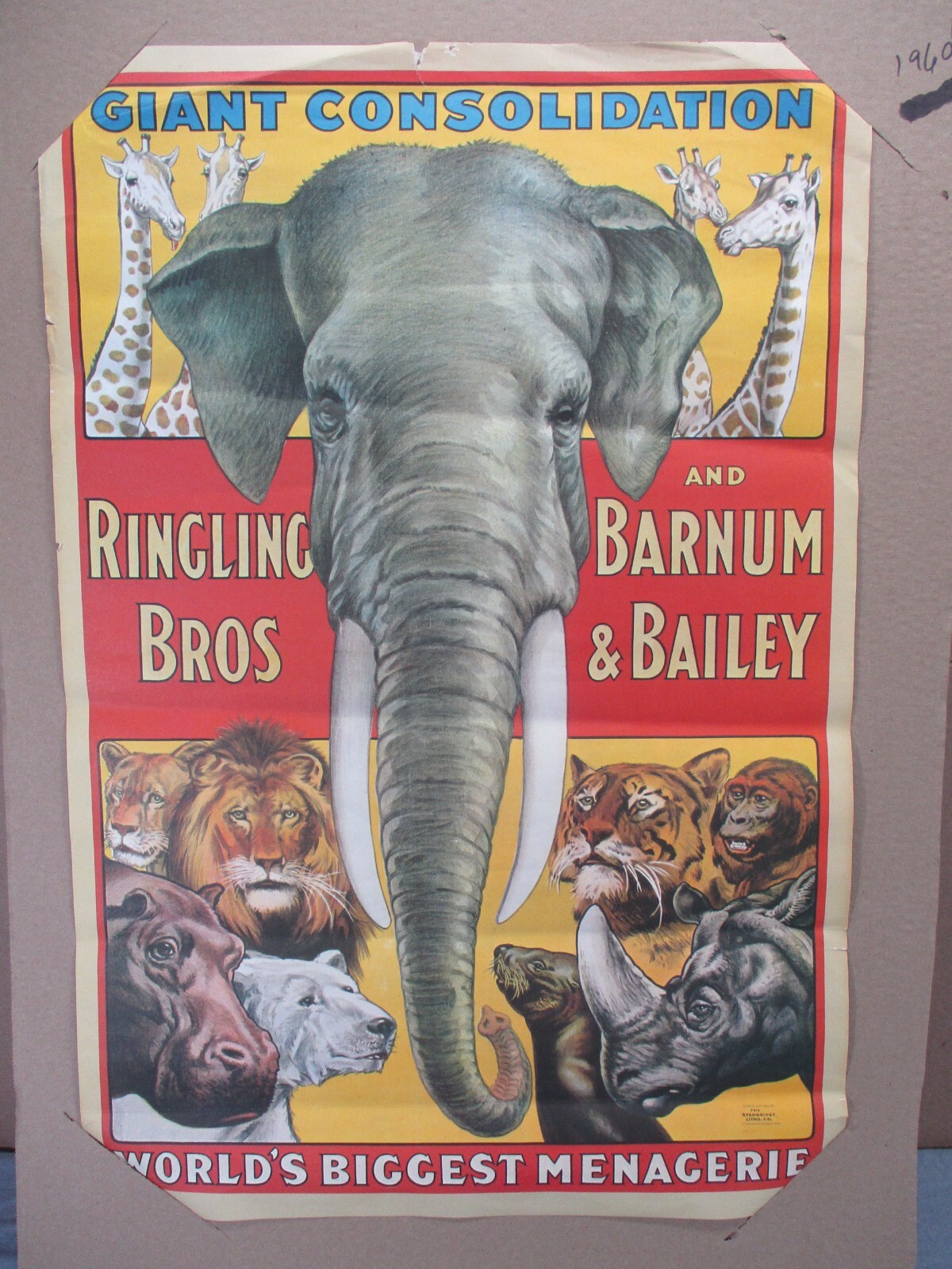 Vtg 1960s Ringling Bros Barnum Bailey Giant Consolidation Circus Animals Poster