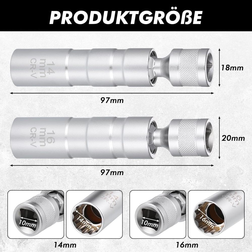 14mm & 16mm Thin Wall Magnetic Swivel Spark Plug Socket 12-Point Removal Tool