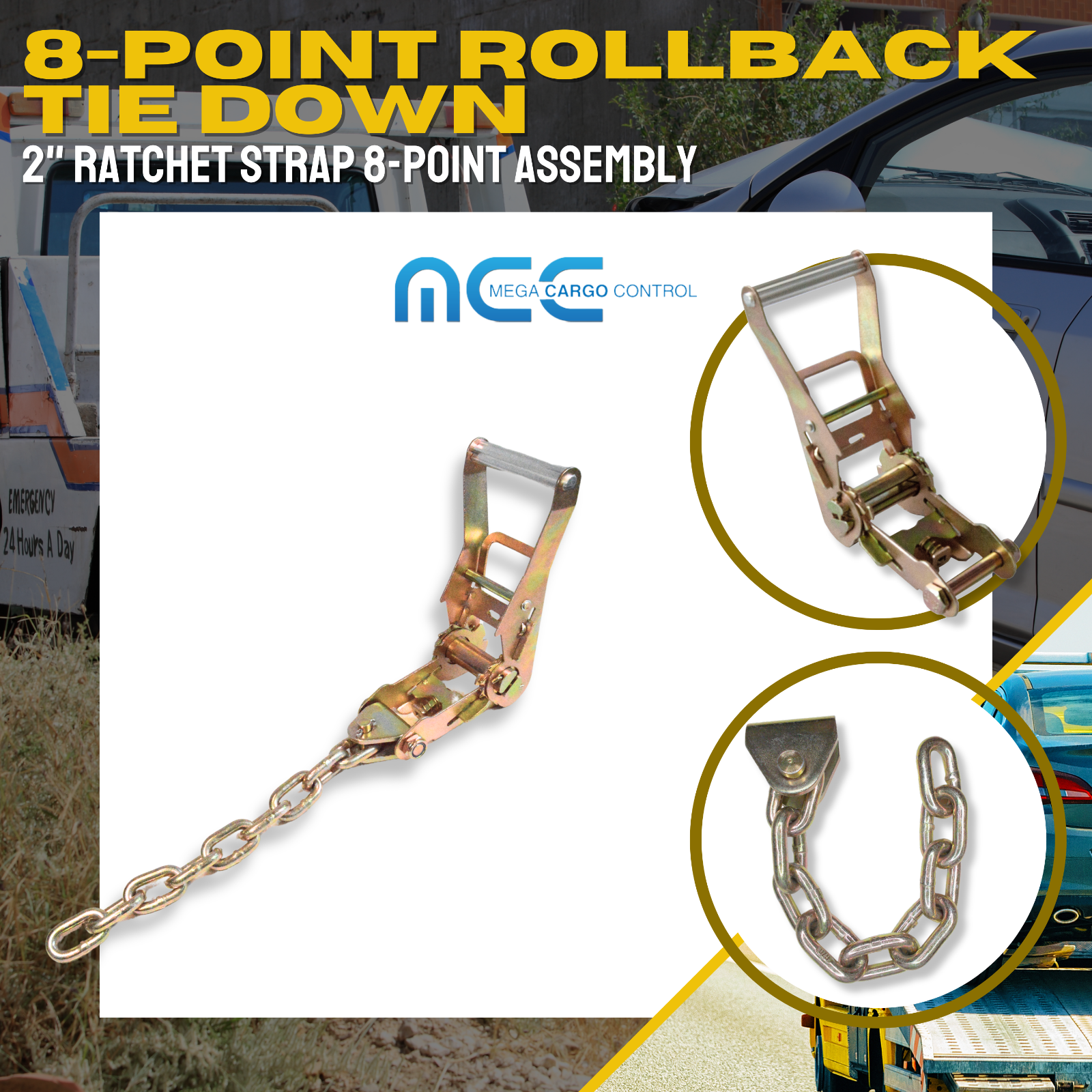 8 Point Roll Back Tie Down System w/ Chain Ends for Car Hauler Carrier Tow Truck
