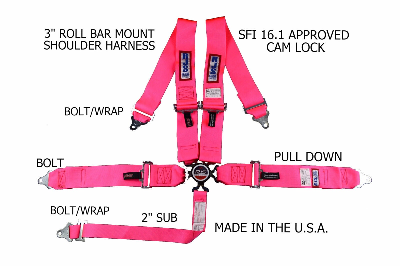 RJS RACING SFI 16.1 CAM LOCK 5 POINT ROLL BAR MOUNT HARNESS HOT PINK 1031710