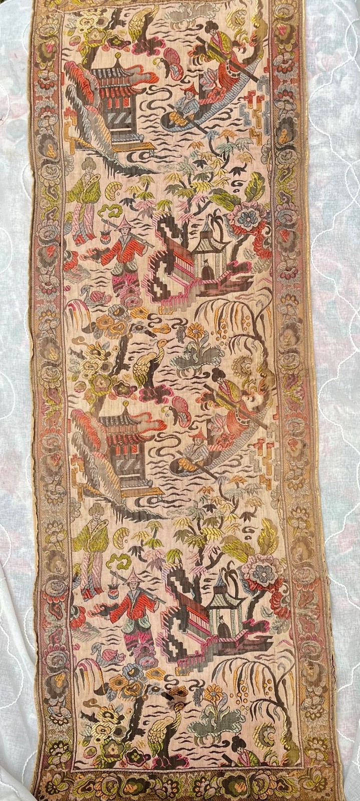 Vintage Asian Silk Hand Embroidered Textile 48 x 17 Panel Runner Pagoda Scene