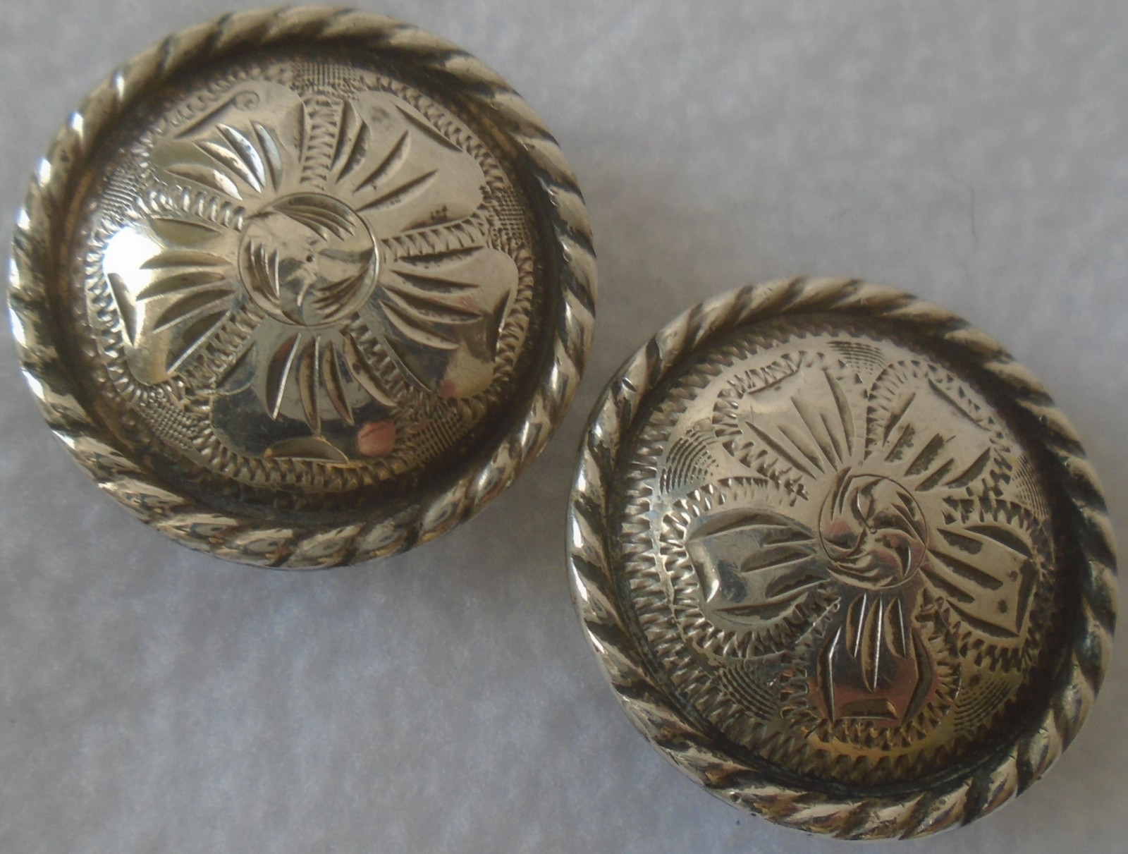 Pair (2) Vintage 1" STERLING Silver Overlay CONCHOS~BRIDLE~SPUR STRAPS~REINS