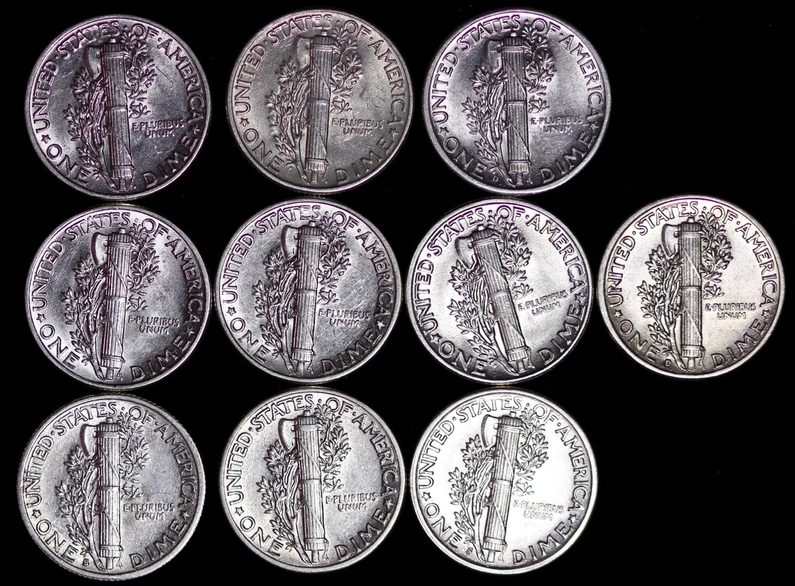 Lot of 5 Coins AU / UNC Mercury Silver Dimes Some D and S Mint FREE SHIPPING