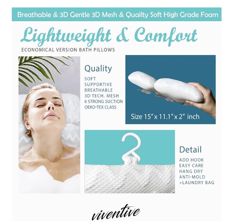 Viventive Luxury Bath Pillow - Non-Slip & Extra Thick - Bathtub - Flat Headrest