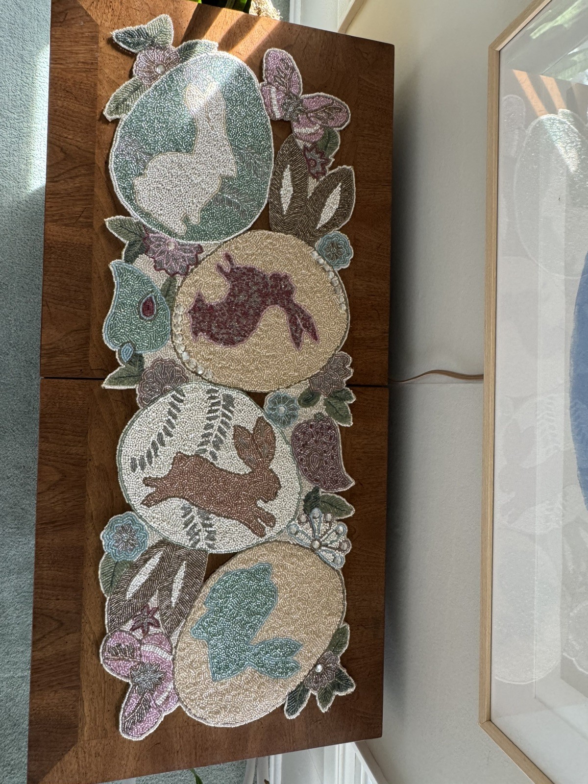 90s Pier 1 Imports Easter Egg & Bunny Rabbit Glass Beaded Table Runner 13” X 35”