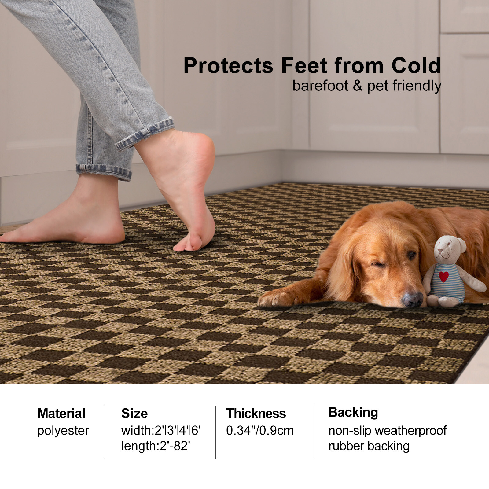 Runner Rug Hallway Non Slip Rubber Back Custom Size as Carpet Doormat Checkered