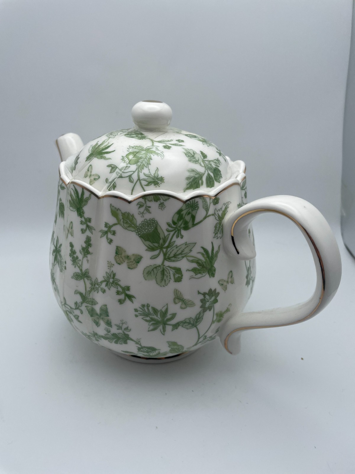 Grace Teaware Shabby Chic Green Floral Gold Trim Fine Porcelain Teapot & Lid B97