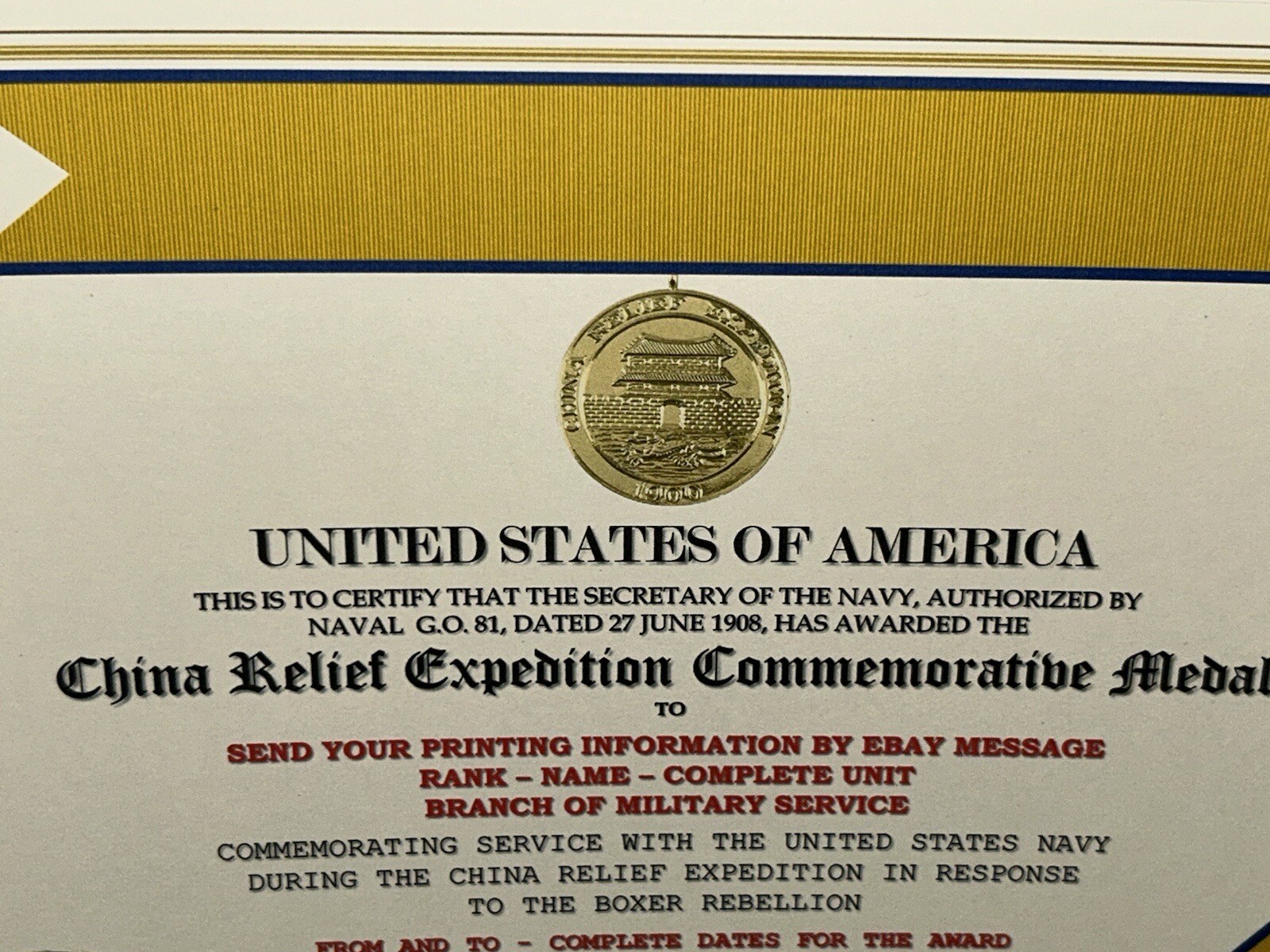 CHINA RELIEF EXPEDITION COMMEMORATIVE MEDAL CERTIFICATE ~ W/PRINTING TYPE-1