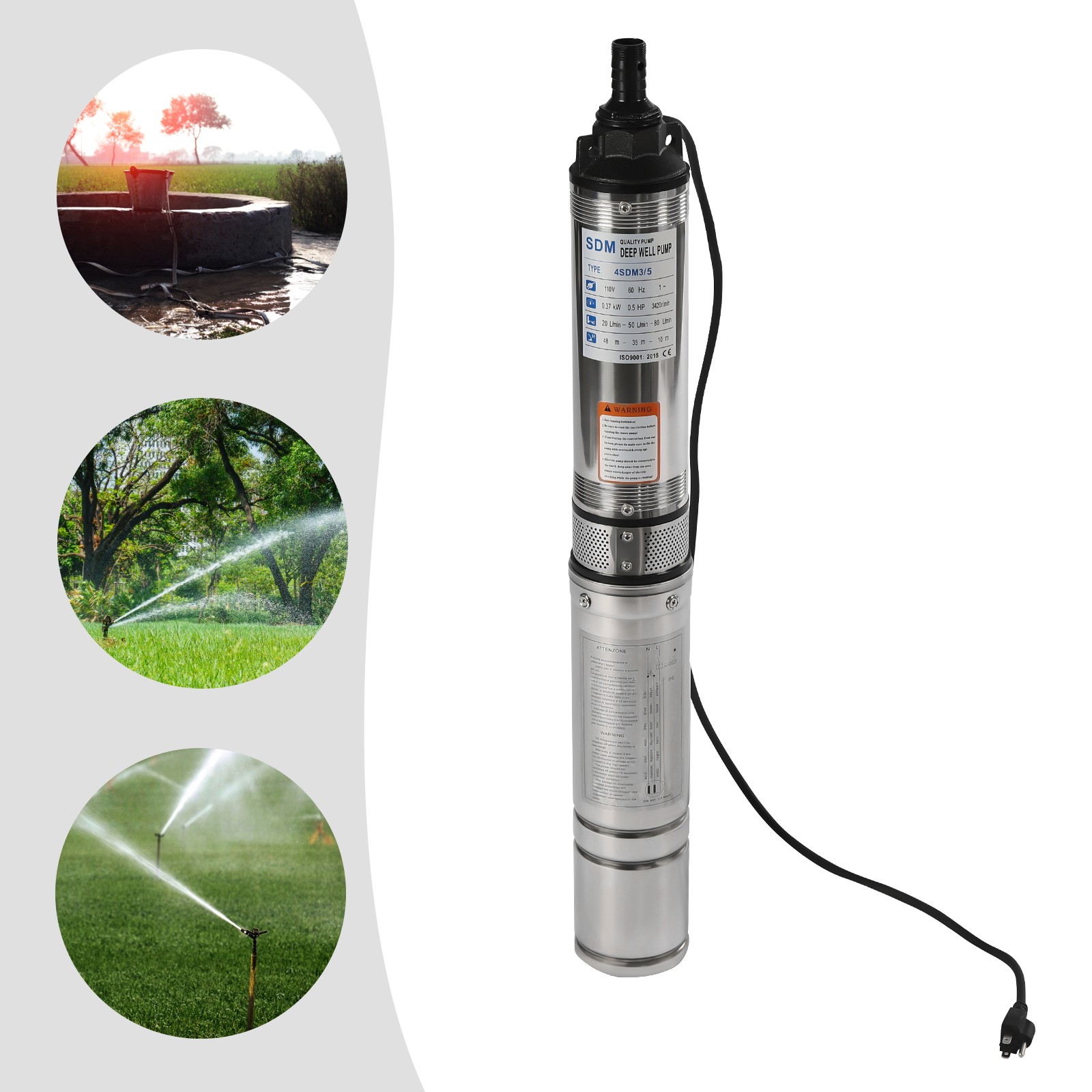 0.5HP Submersible Well Pump, 16GPM Stainless Steel, 110V Deep Water Pump