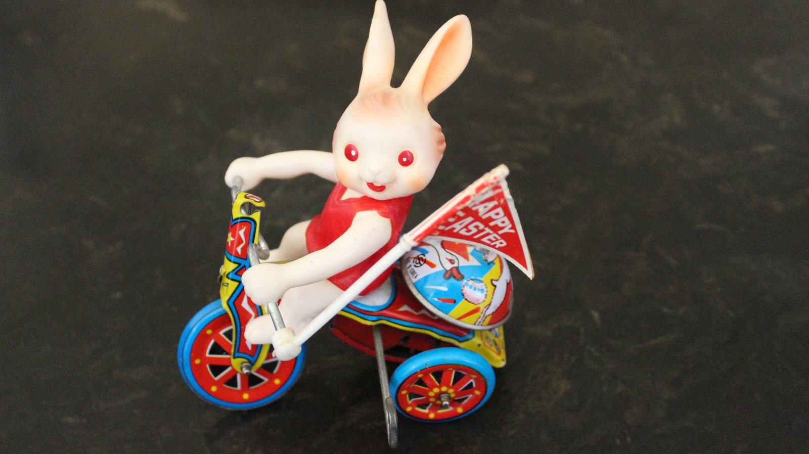 Vintage Toys Schylling Tin Elephant on a Bike, Spinning Globe,Happy Easter Bunny