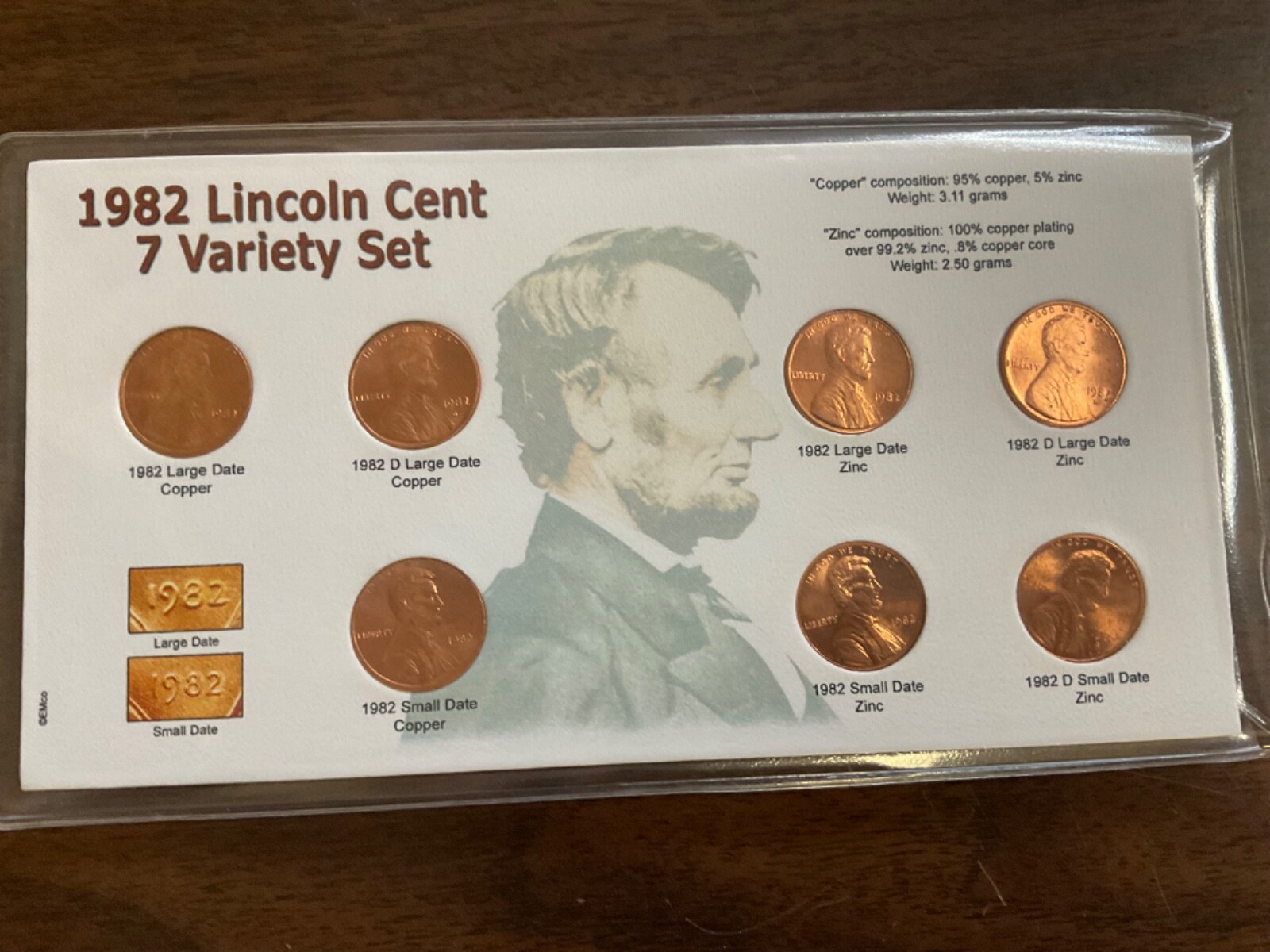 1982 Lincoln Cent 7 Coin Variety Set; BU; in Plastic Sleeve on Full Color Card