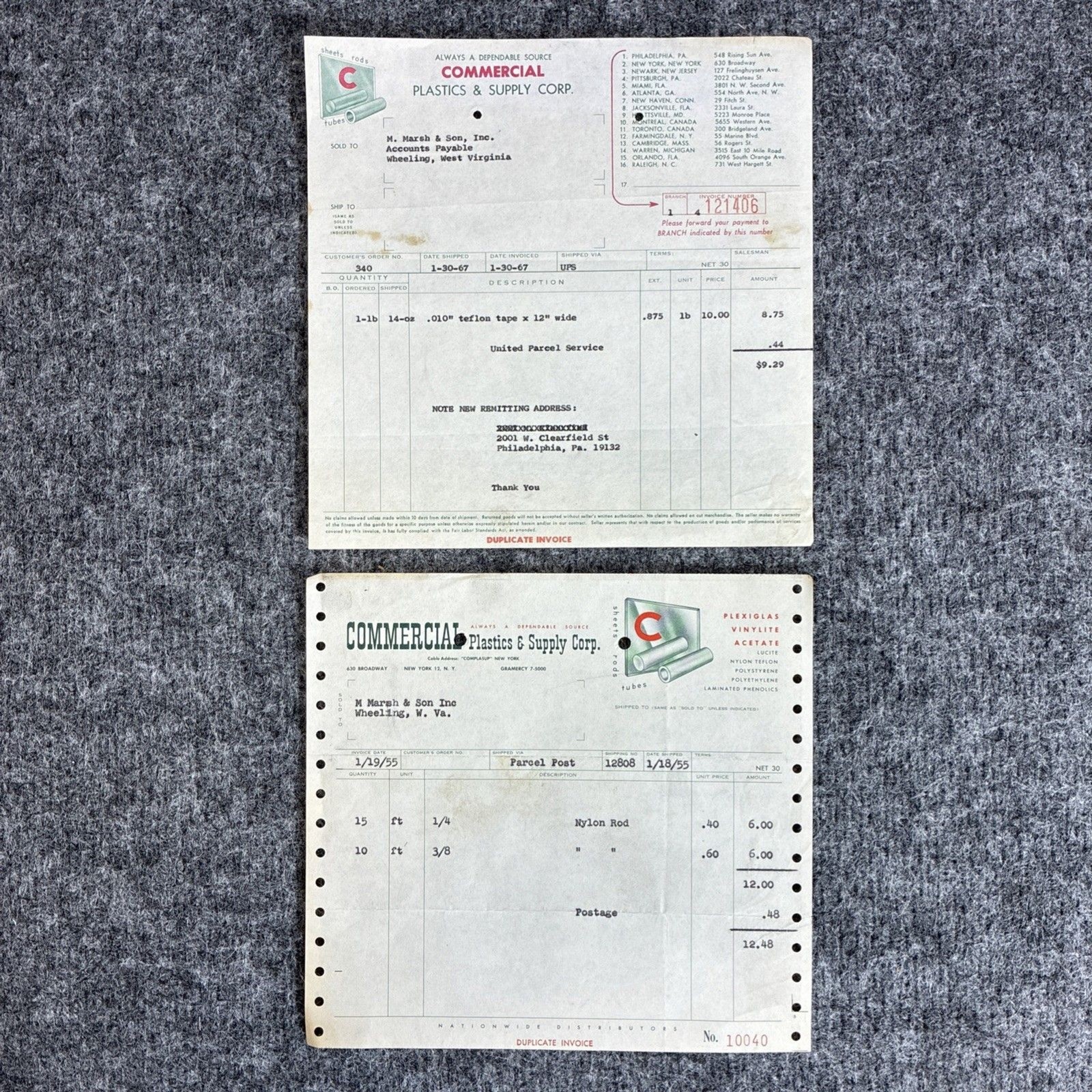 1955 & 1967 Commercial Plastics Invoices to M Marsh & Son Cigar Co Wheeling WV