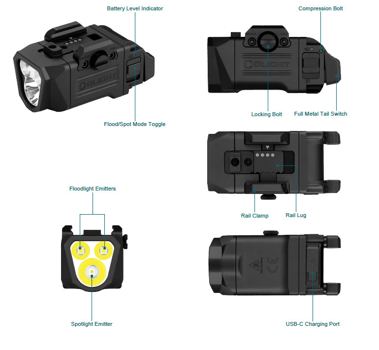 Olight PL X Tactical Weapon Light, 1200 Lumens, Dual Beams, Floodlight/Spotlight