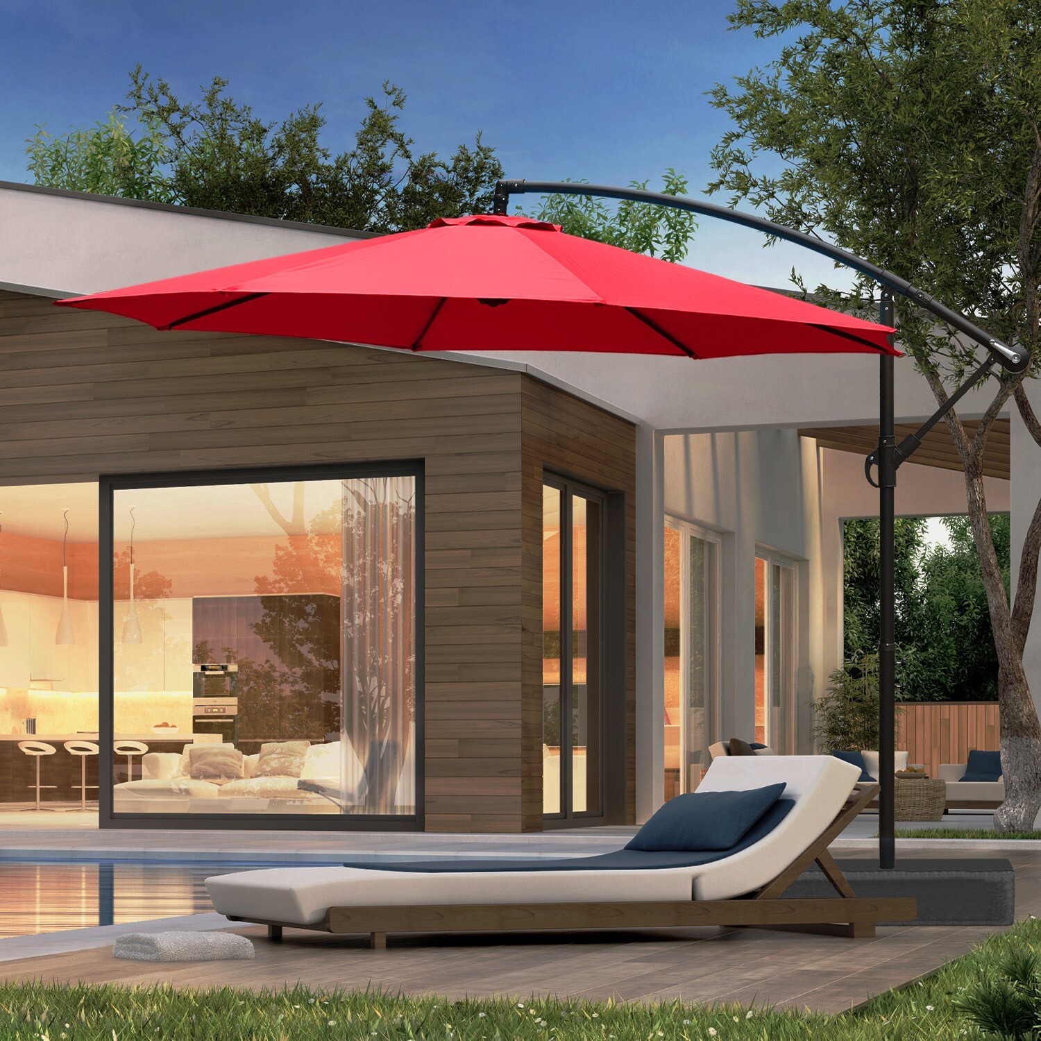 Aoodor 10ft Offset Patio Umbrella Cantilever Hanging Market Umbrella with Base