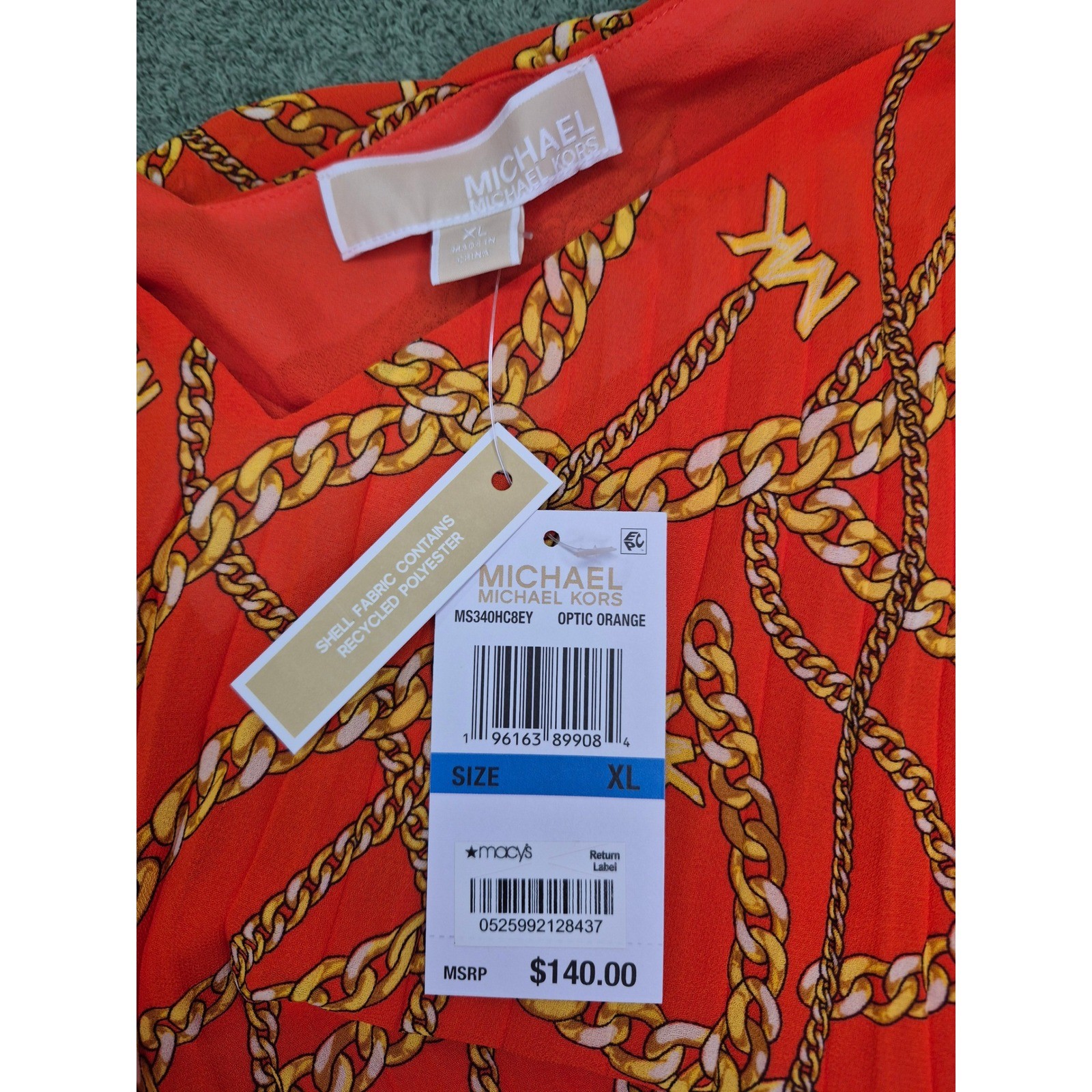 Michael Kors Optic Orange Chain Link Logo Pleated Cami Top MS340HC8EY XL NEW