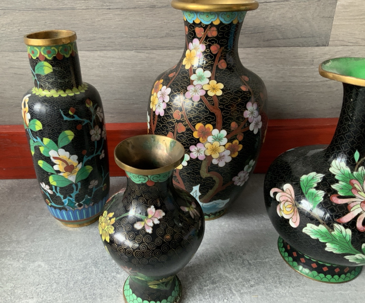 Lot Of 4 CLOISONNE Noir Enamel On Brass Variety Shapes Vases Vintage & Antique